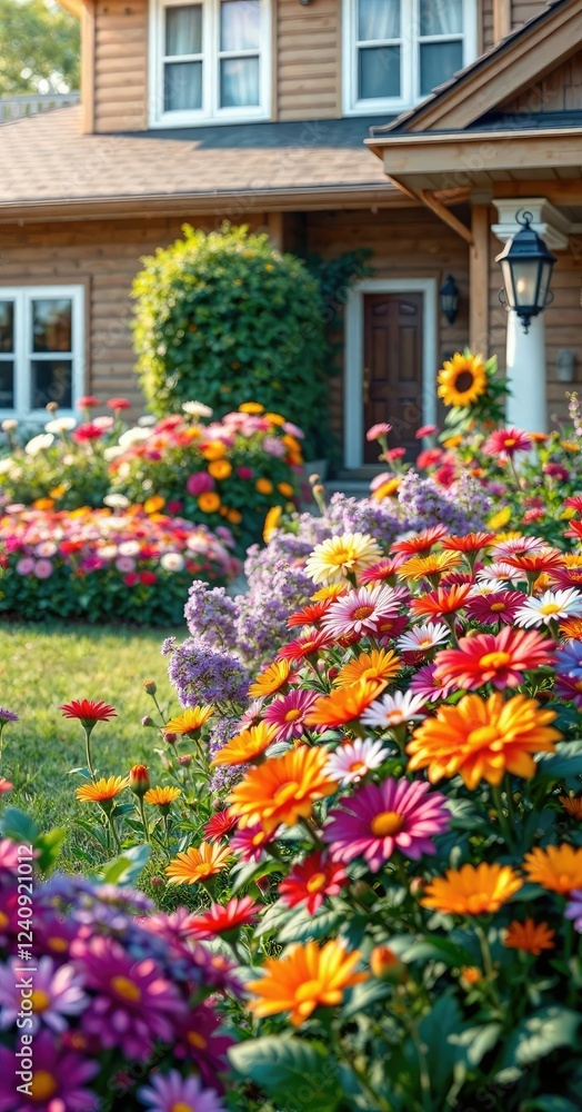 Vibrant and colorful flower garden in a front yard, outdoor space, landscaping Vibrant and colorful flower garden in a front yard, outdoor space, landscaping