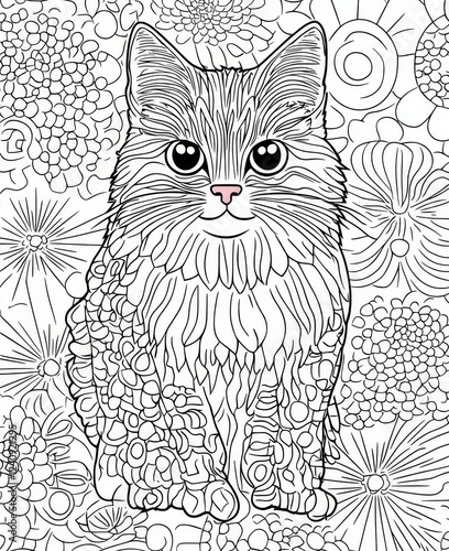 Wallpaper Mural Cute Feline with Flowery Background Design A Lovely Cat Portrait in a Detailed Line Art Drawing Style Torontodigital.ca