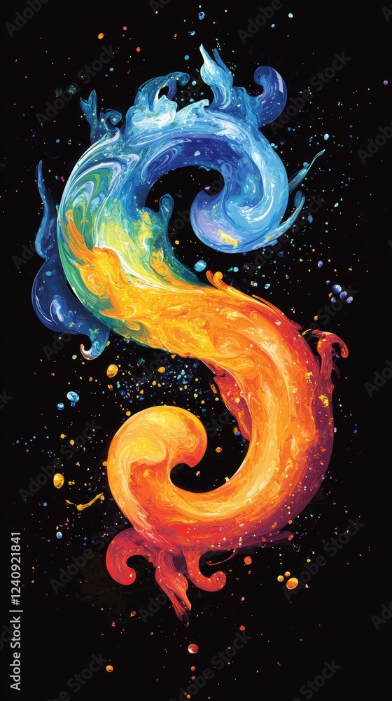 Dynamic Fluid S Shape of Fire and Ice Abstract Design with Swirling Motion on a Black Background Dynamic Fluid S Shape of Fire and Ice Abstract Design with Swirling Motion on a Black Background