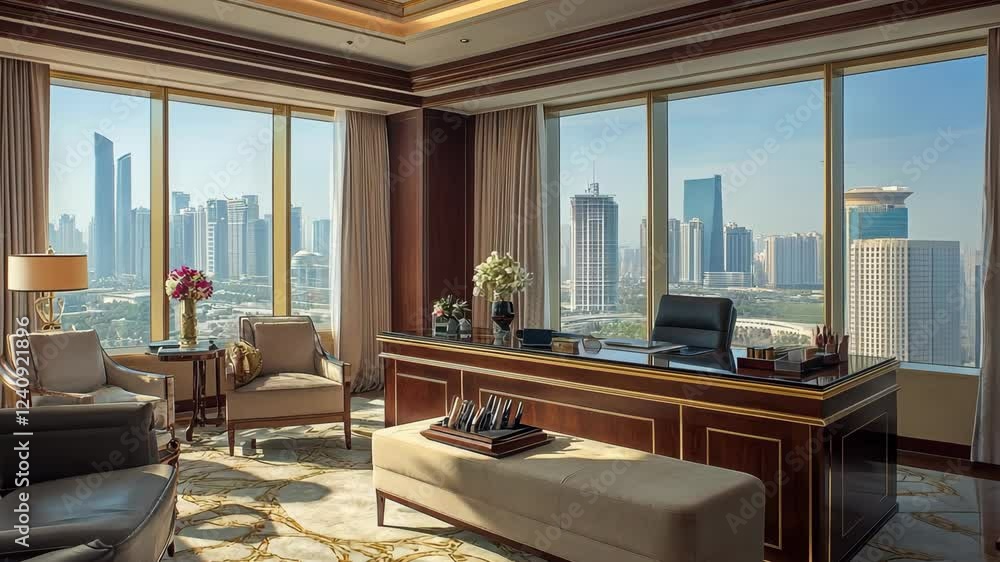 Elegant office space with city skyline view showcasing modern architecture and luxurious decor Elegant office space with city skyline view showcasing modern architecture and luxurious decor
