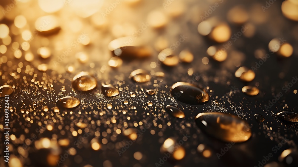 Golden water droplets on a dark surface in a macro shot with bokeh Golden water droplets on a dark surface in a macro shot with bokeh