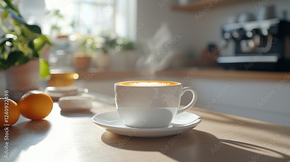Sunny morning latte, kitchen counter, plants, espresso machine Sunny morning latte, kitchen counter, plants, espresso machine