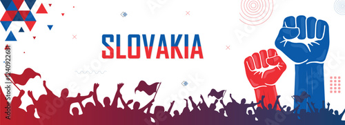 People cheer for Slovakia, national flag color combination patriot banner, geometric abstract background for national celebration, raised fist, human hand, strike, parade, riot, protest or rally photo