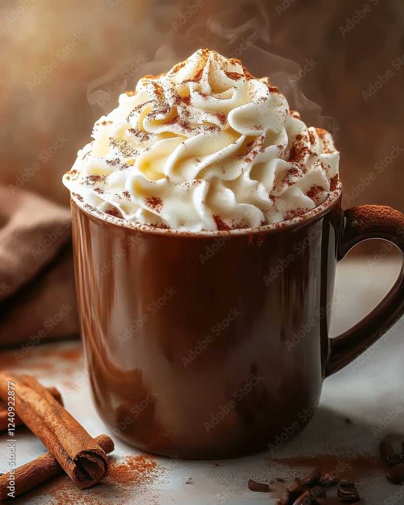 Rich Hot Beverage with Whipped Cream and Cinnamon on Rustic Background in Warm Tones Rich Hot Beverage with Whipped Cream and Cinnamon on Rustic Background in Warm Tones