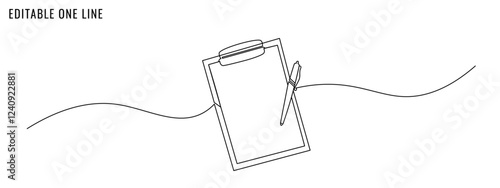 One continuous line drawing of clipboard with pen. Text, report, exam, to do list concept. Editable stroke, vector illustration