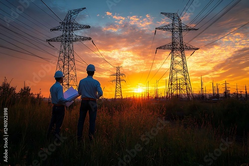 Engineers Inspecting Power Grid at Sunrise