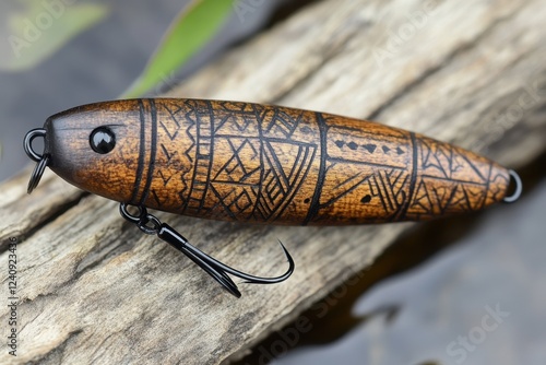 Hand-Carved Wooden Fishing Lure Intricate Tribal Designs, Angling Art Cultural Heritage A Unique, Artisan-Made Wooden Fishing Bait with Exquisite Tribal Carvings This Collectible Fishing Lure Merges photo