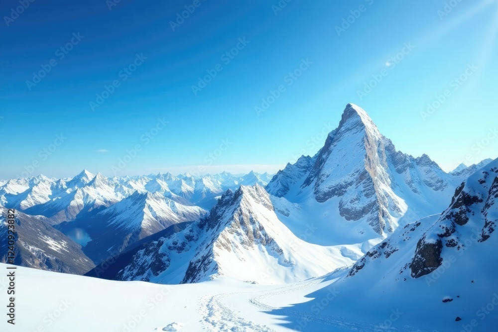 Obraz premium Snowy mountain peaks touch the bright blue sky at midday, snow, peak