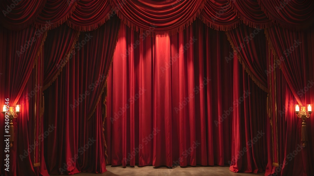 Fototapeta premium A luxurious red velvet curtain with golden tassels, slightly open, revealing a grand theater stage with warm spotlights.