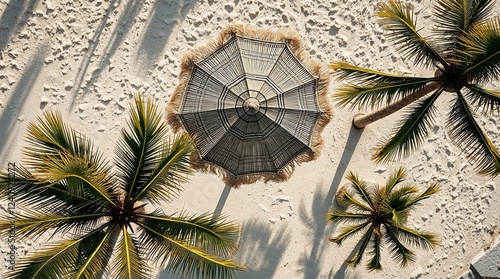 Boho style fringed umbrella on beach with palm trees, top view. Paradise vacation concept.