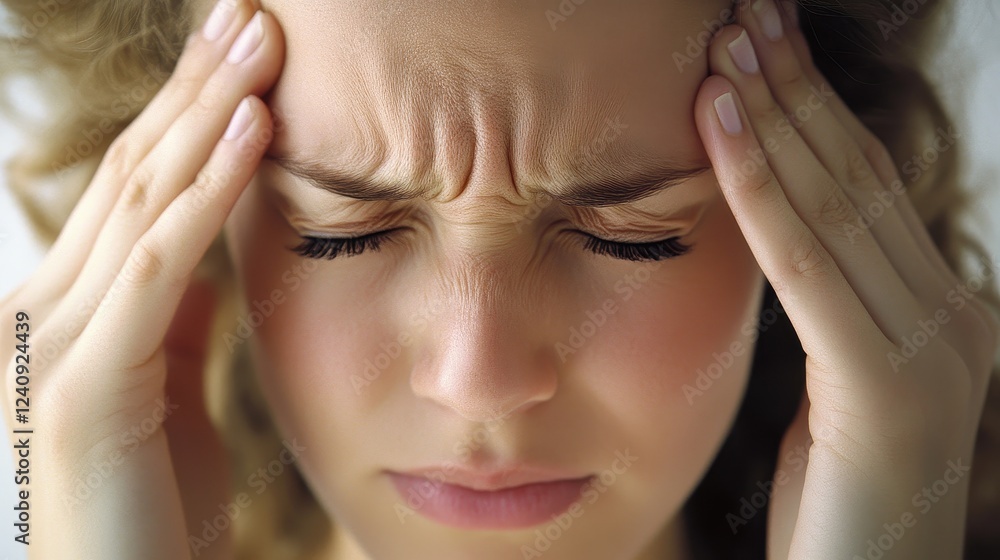 Close-up of an office worker pretending to have a headache. Close-up of an office worker pretending to have a headache.