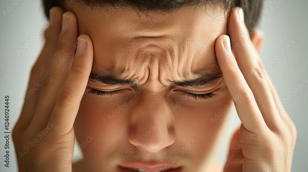 Close-up of an office worker pretending to have a headache. Close-up of an office worker pretending to have a headache.