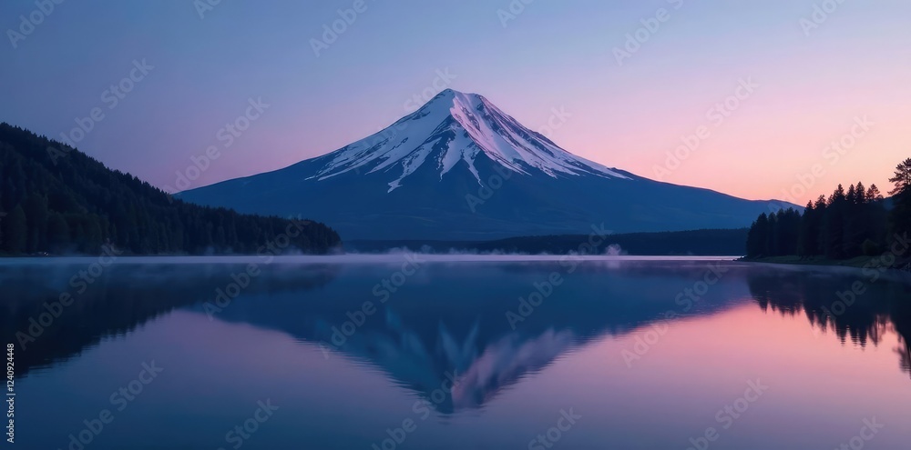 Reflection of a majestic white striped mountain on a serene lake during twilight, twilight, calm, reflection Reflection of a majestic white striped mountain on a serene lake during twilight, twilight, calm, reflection