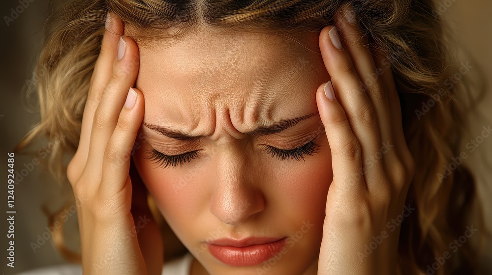 Close-up of an office worker pretending to have a headache. Close-up of an office worker pretending to have a headache.