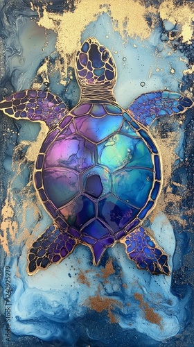 Iridescent Sea Turtle Swimming in Golden Accented Water Colorful Ocean Creature Art Display