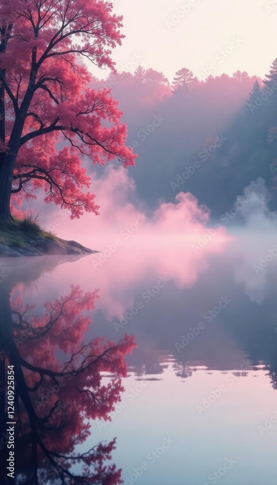 Obraz premium Delicate pink mist disperses slowly in still lake water with reflection, peaceful, ink