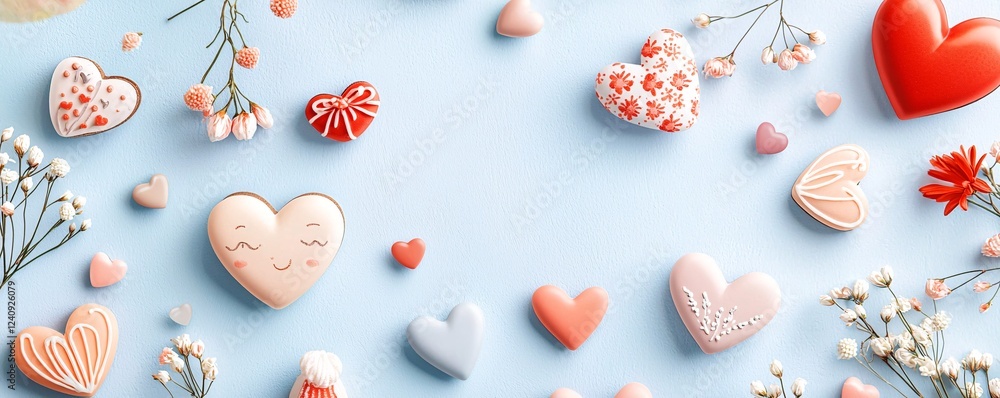 Happy Galentine's Day card Concept. Sweet Colorful Cookies and Floral Elements on Blue Happy Galentine's Day card Concept. Sweet Colorful Cookies and Floral Elements on Blue