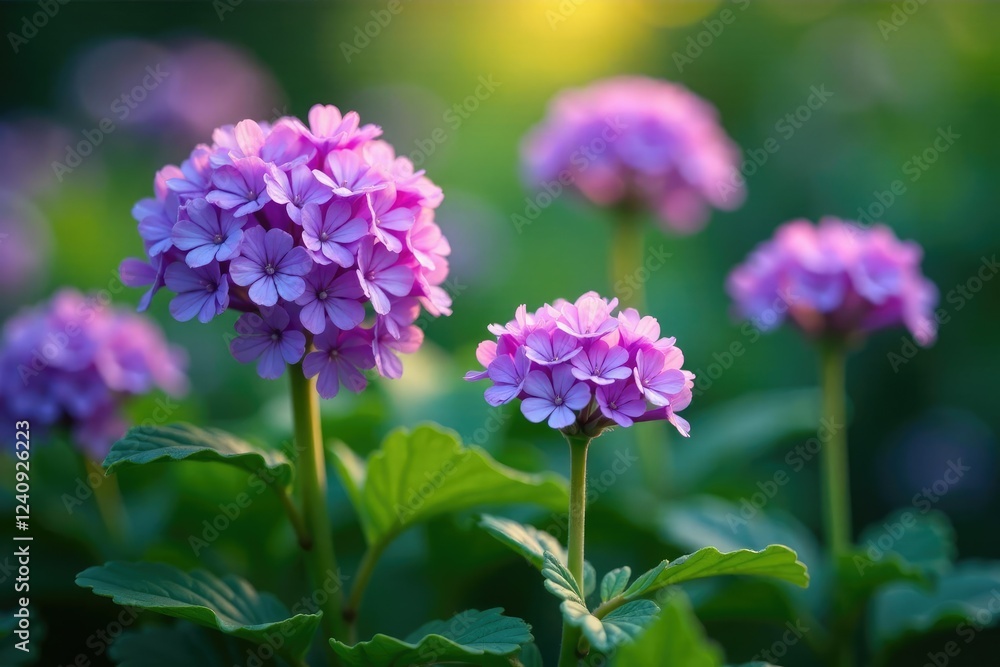 clusters of small purple flowers emit a soft ethereal glow amidst leafy green foliage, garden, purple flowers clusters of small purple flowers emit a soft ethereal glow amidst leafy green foliage, garden, purple flowers