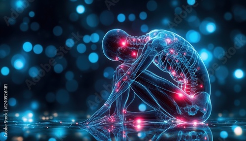 Modern Medical Research Visualization Chronic Pain in the Human Skeletal System, 3D Render of Pain Points in Bones, Joints, and Muscles Illustrating Neuropathic, Somatic, and Nociplastic Pain
