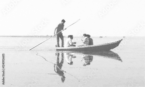 Black and white illustration of a boat skipper with tourists enjoying a holiday ride.
