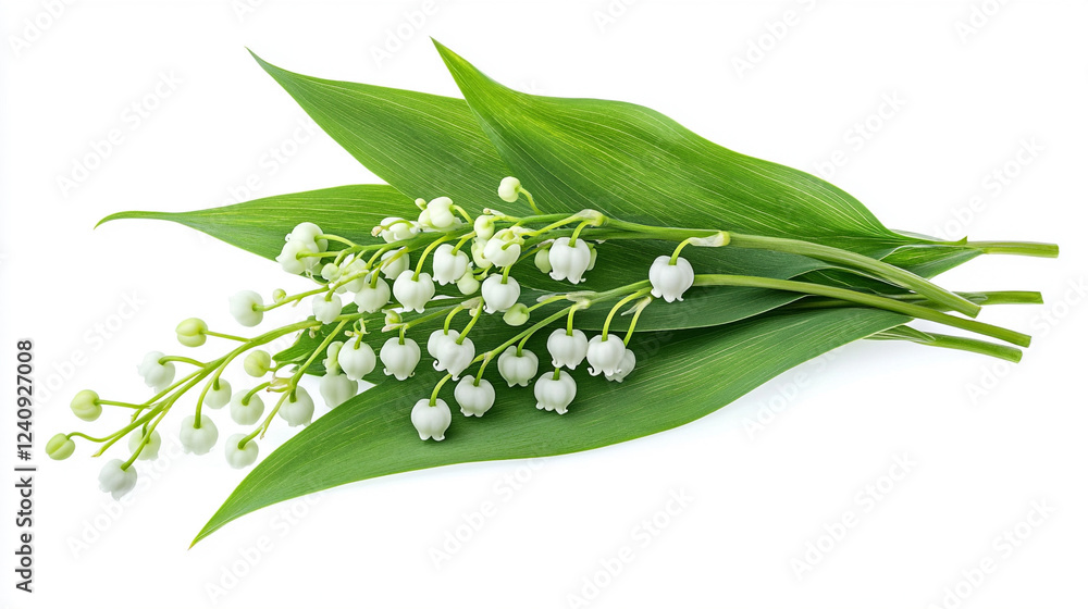 Obraz premium Delicate white lily of the valley blooms with lush green leaves arranged beautifully on a clean background