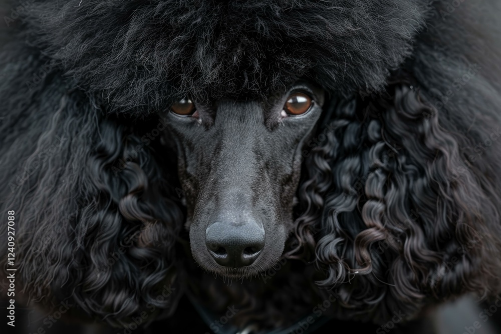 Close up of a black poodle showing its intense gaze and curly fur Close up of a black poodle showing its intense gaze and curly fur