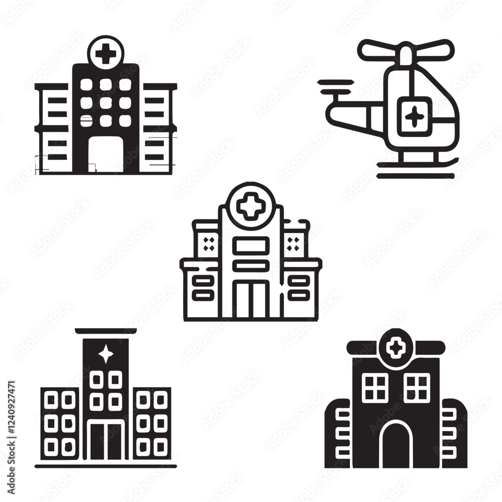 Fototapeta premium Medical Equipment,Medical Diagnosis,Medical Treatment,Medical Research,Medical Supplies,Medical Insurance,Medical Education vector design icon symbol set