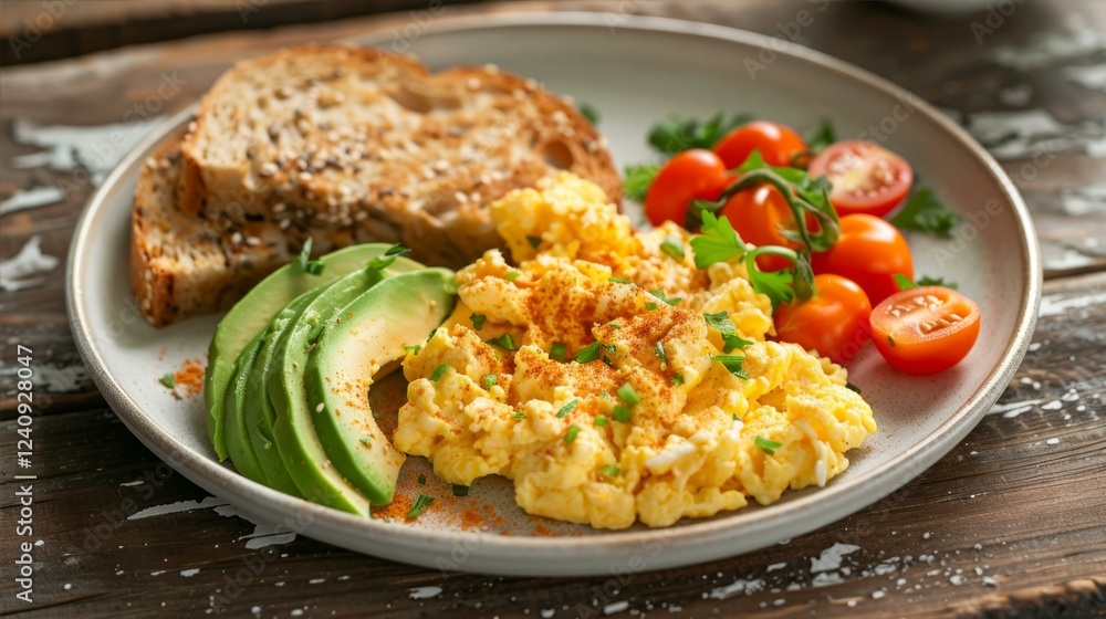 Savory Scrambled Eggs Avocado and Toast Breakfast Plate with Cherry Tomatoes and Herbs Savory Scrambled Eggs Avocado and Toast Breakfast Plate with Cherry Tomatoes and Herbs