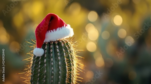 Cactus Wearing a Santa Hat in the Desert Sunset