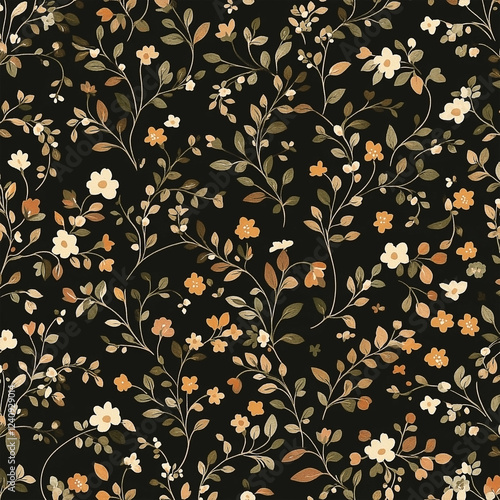 Seamless Autumn Floral Vine Pattern on Dark Backdrop with Warm Tones