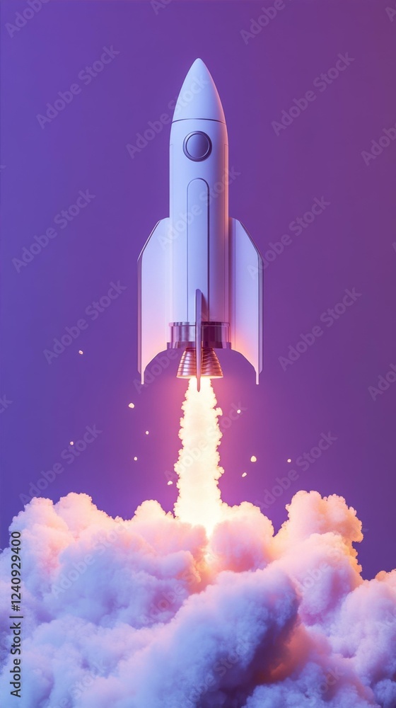 Obraz premium Stylized Rocket Launching Into The Sky With Purple Background And Clouds Of Smoke And Fire
