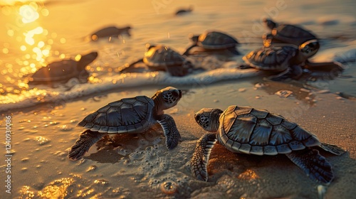 A group of baby sea turtles on the beach