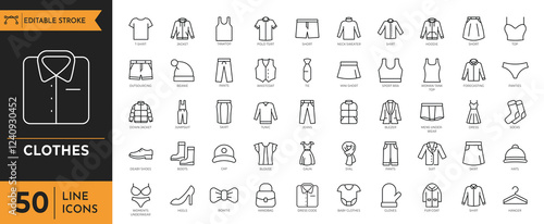 Clothing and Fashion icon set.  Contains Clothing, Fashion, Jacket, T-Shirt, Coat, Shoe, Underwear, Bra, Skirt, Shirt, Dress, High Heels Shoes, Polo Shirt, Hat, Wardrobe, Jeans, Trousers and more.