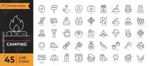 Camping icon set. Containing Tent, campfire, backpack, hiking, adventure, nature, bag, compass, lantern and more. vector illustration