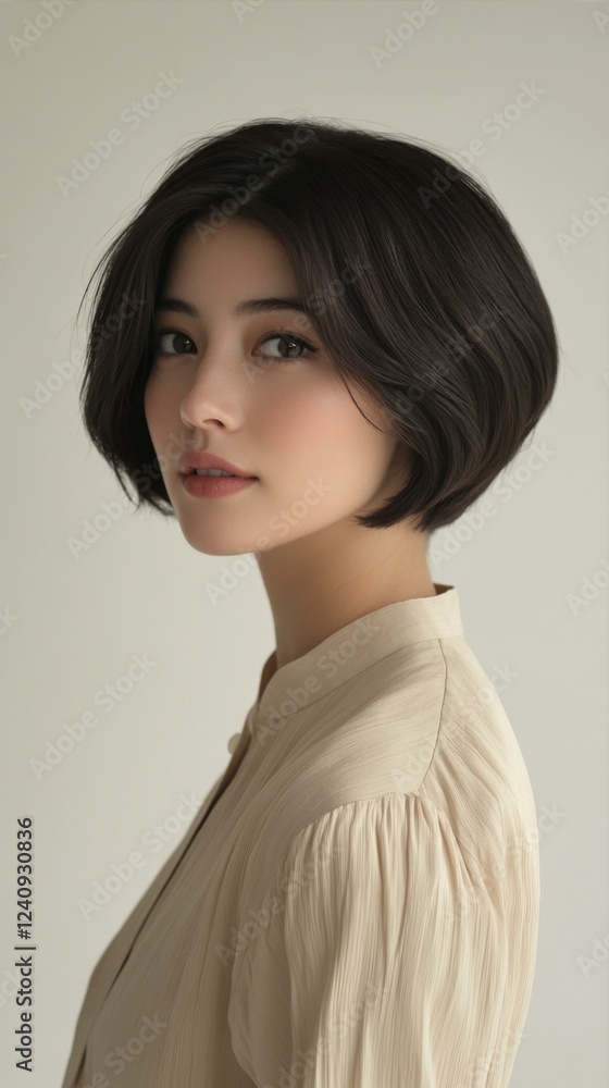 Woman With Short Dark Bob Haircut Posing For Portrait In Studio With Solid Cream Background Woman With Short Dark Bob Haircut Posing For Portrait In Studio With Solid Cream Background