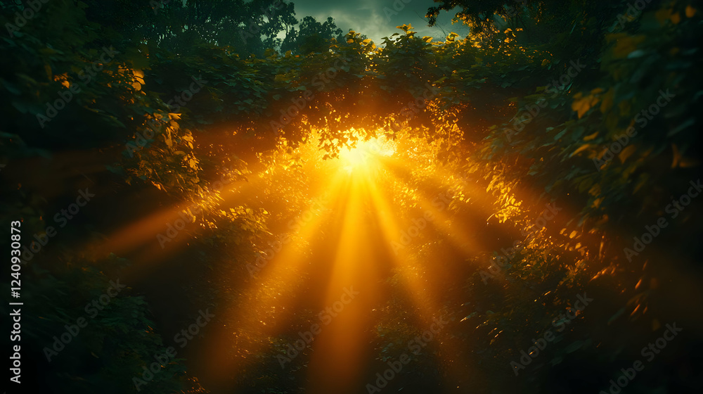 Fototapeta premium Golden Sunlight Rays Through Forest Canopy