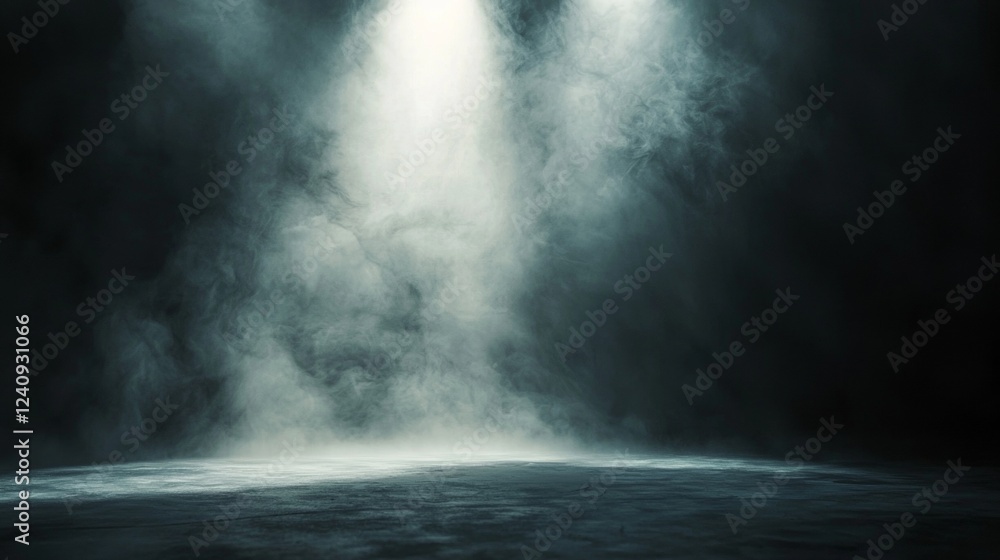 Fototapeta premium Dramatic Smoky Stage Lighting Background Dark Moody Atmosphere Spotlight Beams Fog Effect