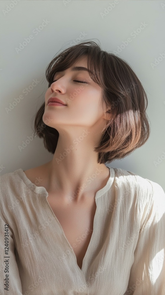 Woman With Short Bob Hair In Light Relaxing Against Plain Wall Enjoying Soft Sunlight Mood Woman With Short Bob Hair In Light Relaxing Against Plain Wall Enjoying Soft Sunlight Mood