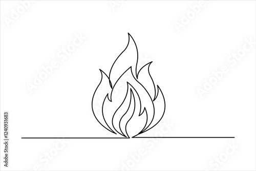 Fire continuous one line art drawing of flame shape, bonfire outline vector illustration