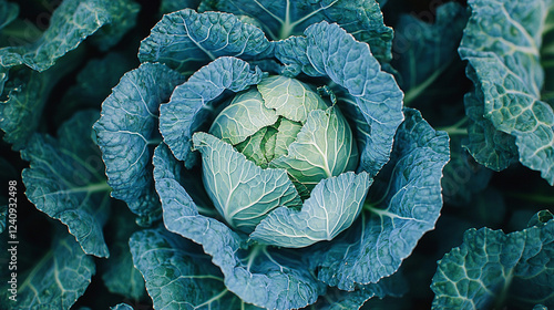 Freshly grown cabbage in a lush garden surrounded by green leaves under bright daylight showcases healthy produce
