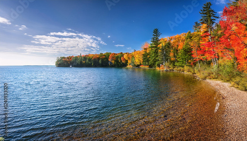 michigan countrywide wooded area in autumn sunny fall day at the seashores of brevort lake in the hiawatha country wide forest of the top peninsula of michigan