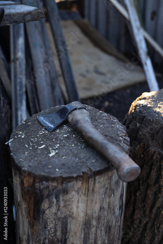 An old ax with a wooden handle lying on a stump used as a block for chopping wood. The background of the photo consists of a rustic yard with scattered logs, old planks and rough wood siding, creating photo