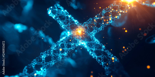 Christian background. Cross of molecules and DNA on cosmic background