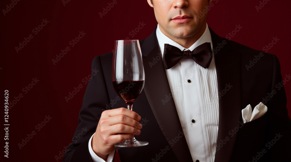 Elegant man in a tuxedo toasting with red wine in a sophisticated setting showcasing refined style and charm Elegant man in a tuxedo toasting with red wine in a sophisticated setting showcasing refined style and charm