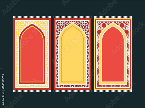 Red Islamic prayer carpet vector design. Prayer mat pattern tiles. Rug design set