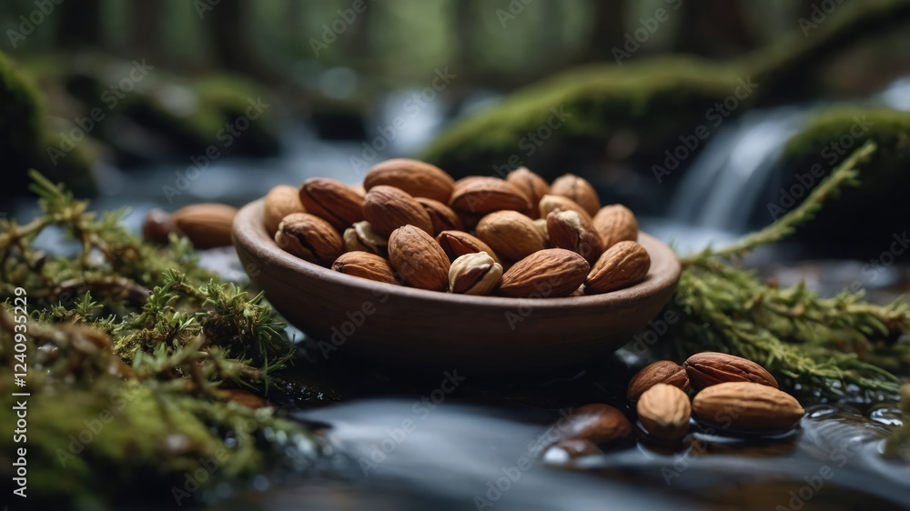 Fototapeta premium A rustic bowl filled with almonds resting on moss by a serene stream in a tranquil forest