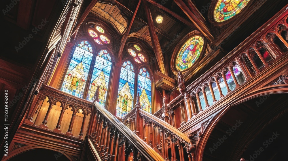 Fototapeta premium A cultural heritage hall with towering stained glass windows and intricate woodwork.