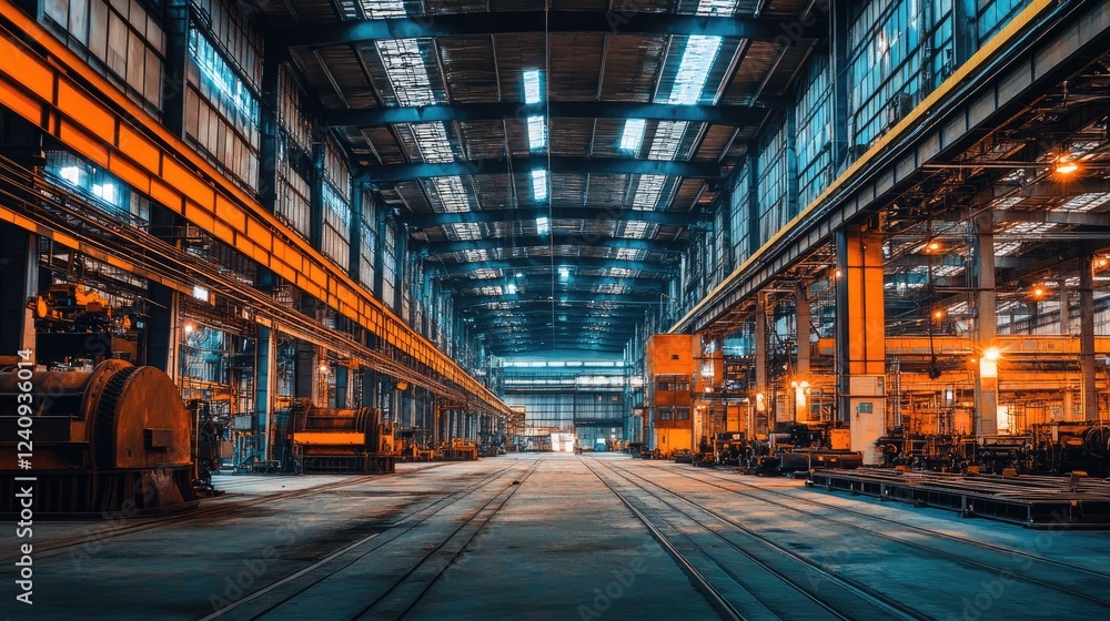 A dark industrial hall with long metal beams and flickering fluorescent lights. A dark industrial hall with long metal beams and flickering fluorescent lights.