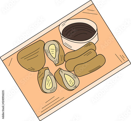the Illustration of dish called pempek that originally from Palembang Indonesia.