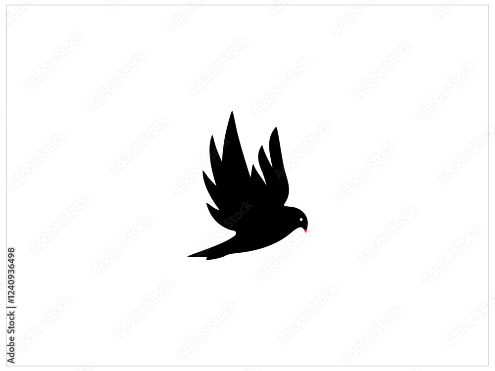 Abstract Silhouette of a Bird in Flight. A striking, black silhouette of a bird in flight, set against a plain white background. Abstract Silhouette of a Bird in Flight. A striking, black silhouette of a bird in flight, set against a plain white background.